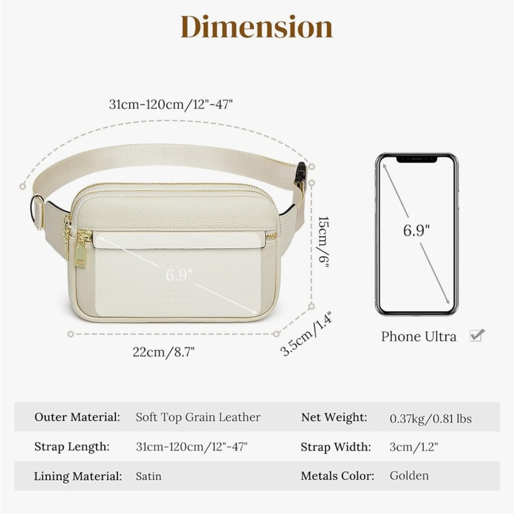S-Zone Genuine Leather RFID Blocking Fanny Pack in Off White/Cream. - Picture 3 of 14